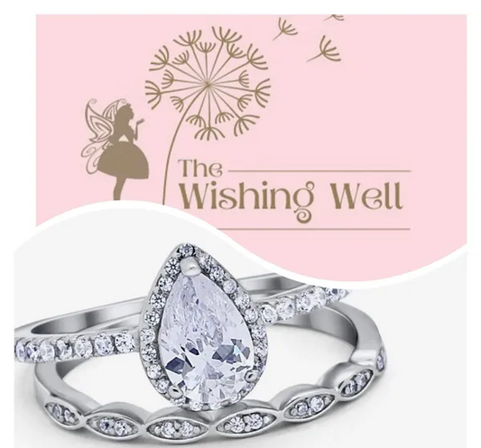Teardrop Wedding Ring Set Pear Round Simulated CZ 925 Sterling Silver