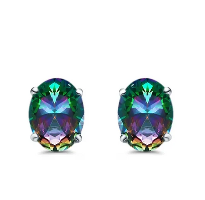 Art deco oval earrings solitaire stud earrings simulated rainbow CZ .925 8MM