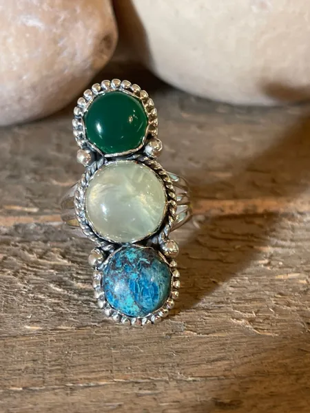 Chrysocolla, Rutile & Jade Three Stone Boho 925 Sterling Ring Size 10