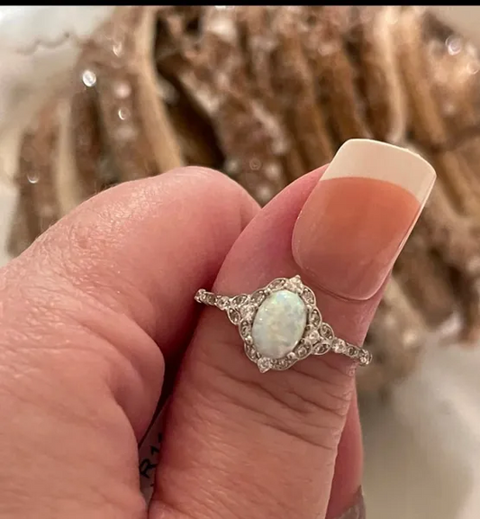 Oval engagement ring accent vintage lab created white opal 925 sterling silver ring