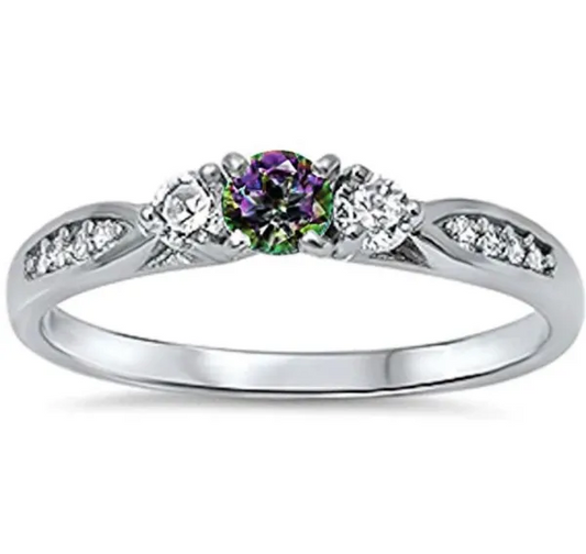 Three stone engagement promise ring simulated rainbow CZ 925 sterling silver ring