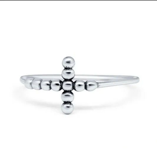 Cross Beaded Plain Ring Petite Dainty Sideways Band 925 Sterling Silver