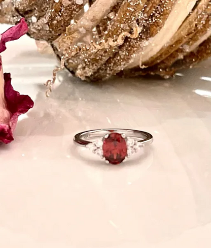 Oval cut Simulated Garnet CZ 925 sterling silver ring