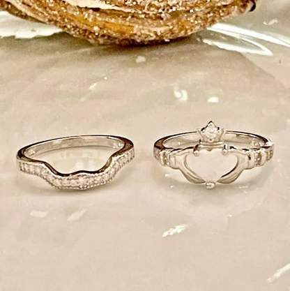 Wedding band set heart lab created white opal 95 solid silver Irish Claddah Rings