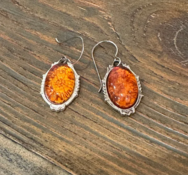 Vintage estate natural amber 925 sterling silver dangle earrings marked JC.