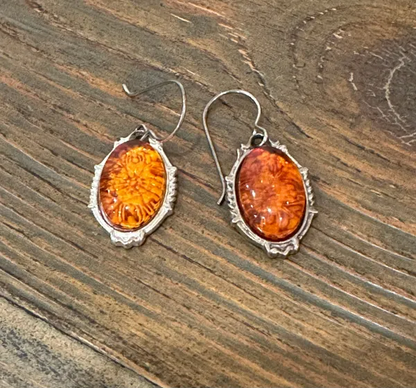 Vintage estate natural amber 925 sterling silver dangle earrings marked JC.