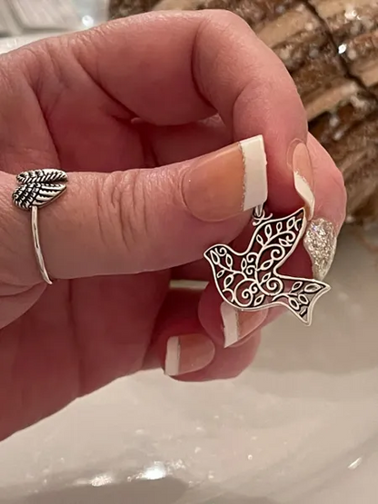 Dove Bird & Flowers Charm Pendant Flowers Solid 925 Sterling Silver