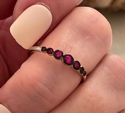 Half eternity petite wedding ring casual band simulated Ruby CZ . 925 sterling silver.