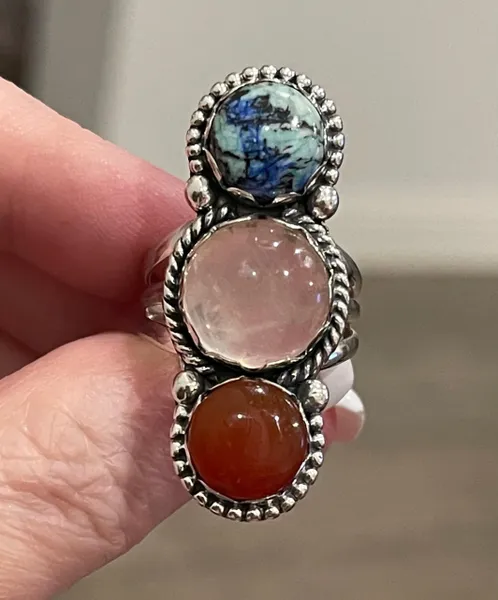Azurite Turquoise, Rose Quartz & Orange Carnelian Solid Silver Ring Sz 8