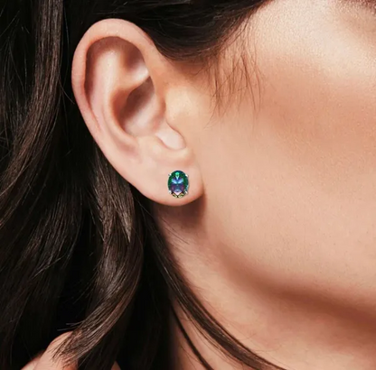 Art deco oval earrings solitaire stud earrings simulated rainbow CZ .925 8MM