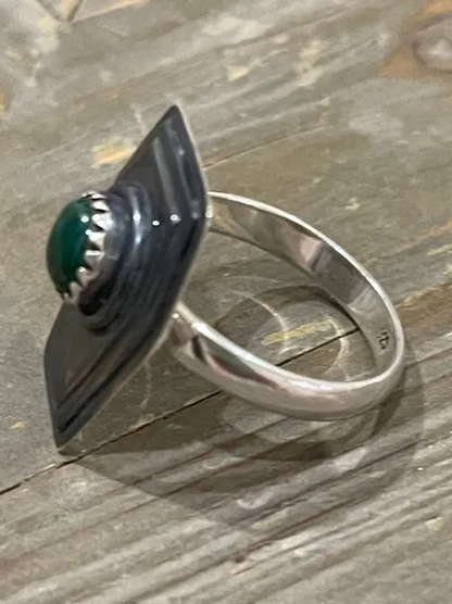 Natural Malachite Coffin Solid 925 Silver Ring.