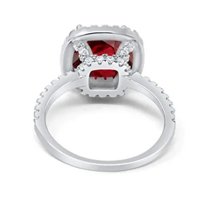 Halo Engagement Ring Accent Cushion Simulated Ruby CZ 925 Sterling Silver
