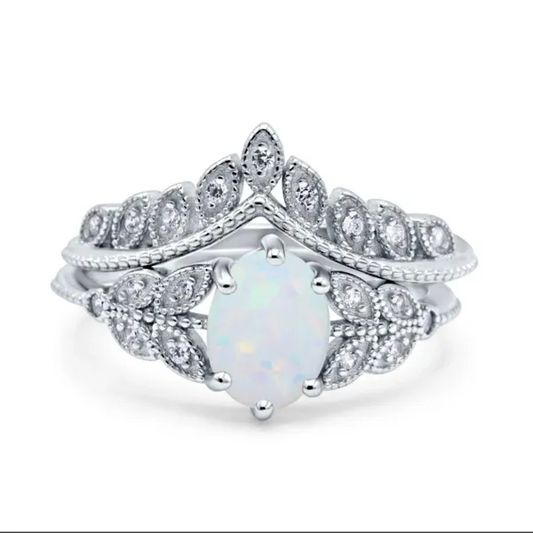 Two Piece Vintage Style Wedding Bridal Set Ring Band Oval Lab Created White Opal 925 Sterling Silver