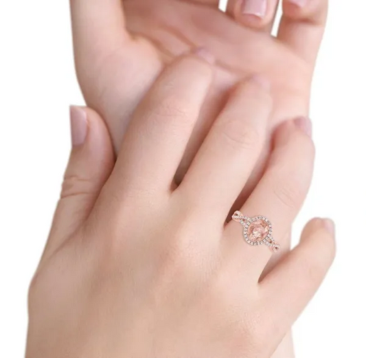 Halo Infinity Shank Ring Oval Rose Tone, Simulated Morganite CZ 925 Sterling Silver.