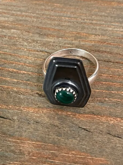 Natural Malachite Coffin Solid 925 Silver Ring.