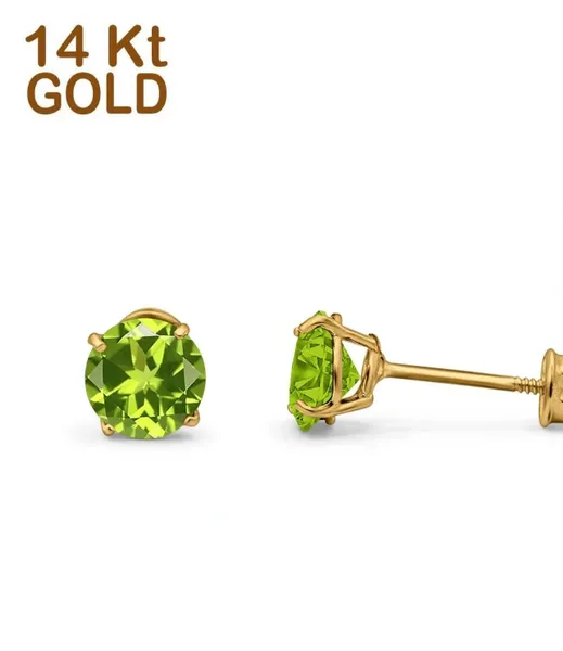 14k Yellow Gold Round Solitaire Stud Earrings Simulated Peridot 4mm