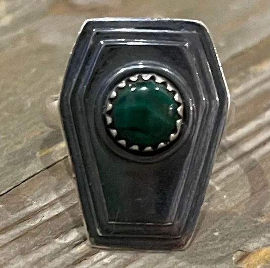 Natural Malachite Coffin Solid 925 Silver Ring.