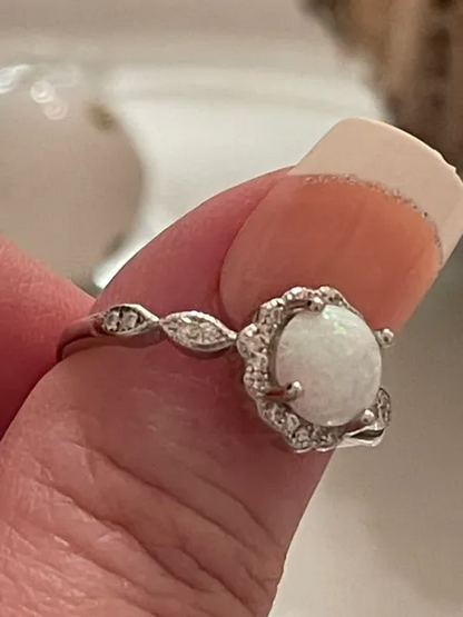 Floral art wedding engagement ring lab created white opal 925 sterling silver ring
