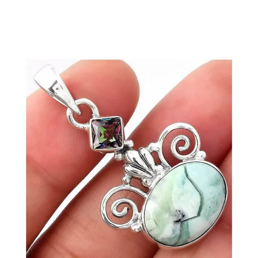 Prase aqua & mystic topaz sterling silver pendant