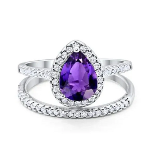 Teardrop Pear Bridal Set Engagement Ring Simulated Amethyst CZ 925 Sterling Silver