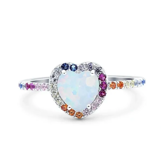 Heart Art Deco Multi Color Wedding Bridal Ring Lab Created White Opal 925 Sterling Silver
