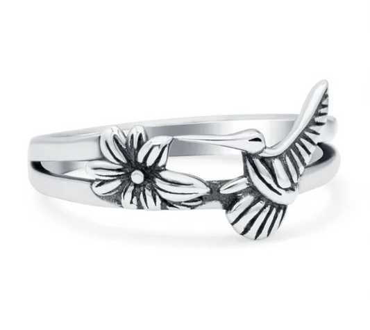 Flower Hummingbird Oxidized Band Solid 925 Sterling Silver Thumb Ring (3.5mm)